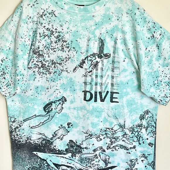 Vintage 90s Dive All Over Scuba Ocean Bubble Print Aqua Tie Die T Shirt Adult XL - Picture 5 of 16